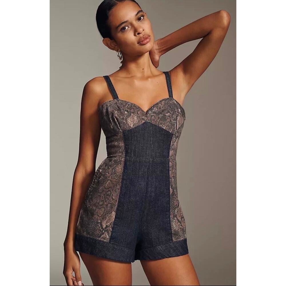 NWT Anthropologie Pilcro Sleeveless Snake Print Denim Romper. Size 8. Ret. $148